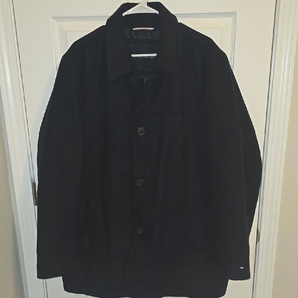 Tommy Hilfiger Black Pea Coat with Notched Lapel